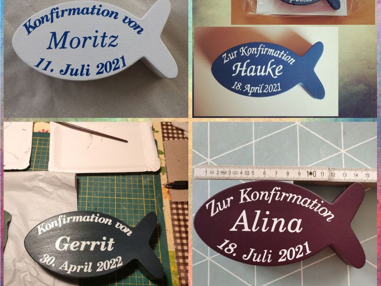 Betonfisch mit Schrift zur Kommunion